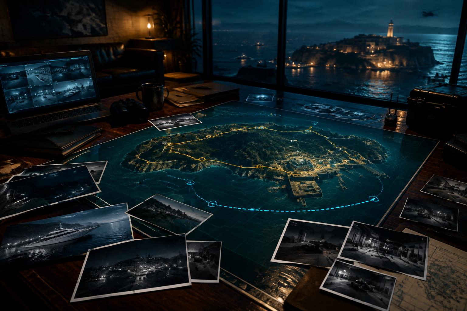A nighttime heist planning table overlooking a coastal island